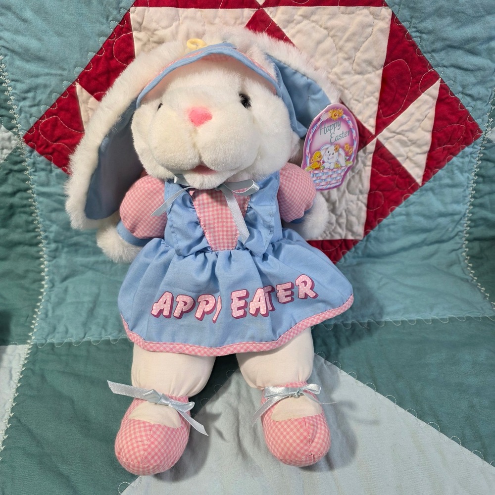 Vintage Cuddle Wit Happy Easter Bunny Plush White Rabbit Blue Dress Pink Gingham